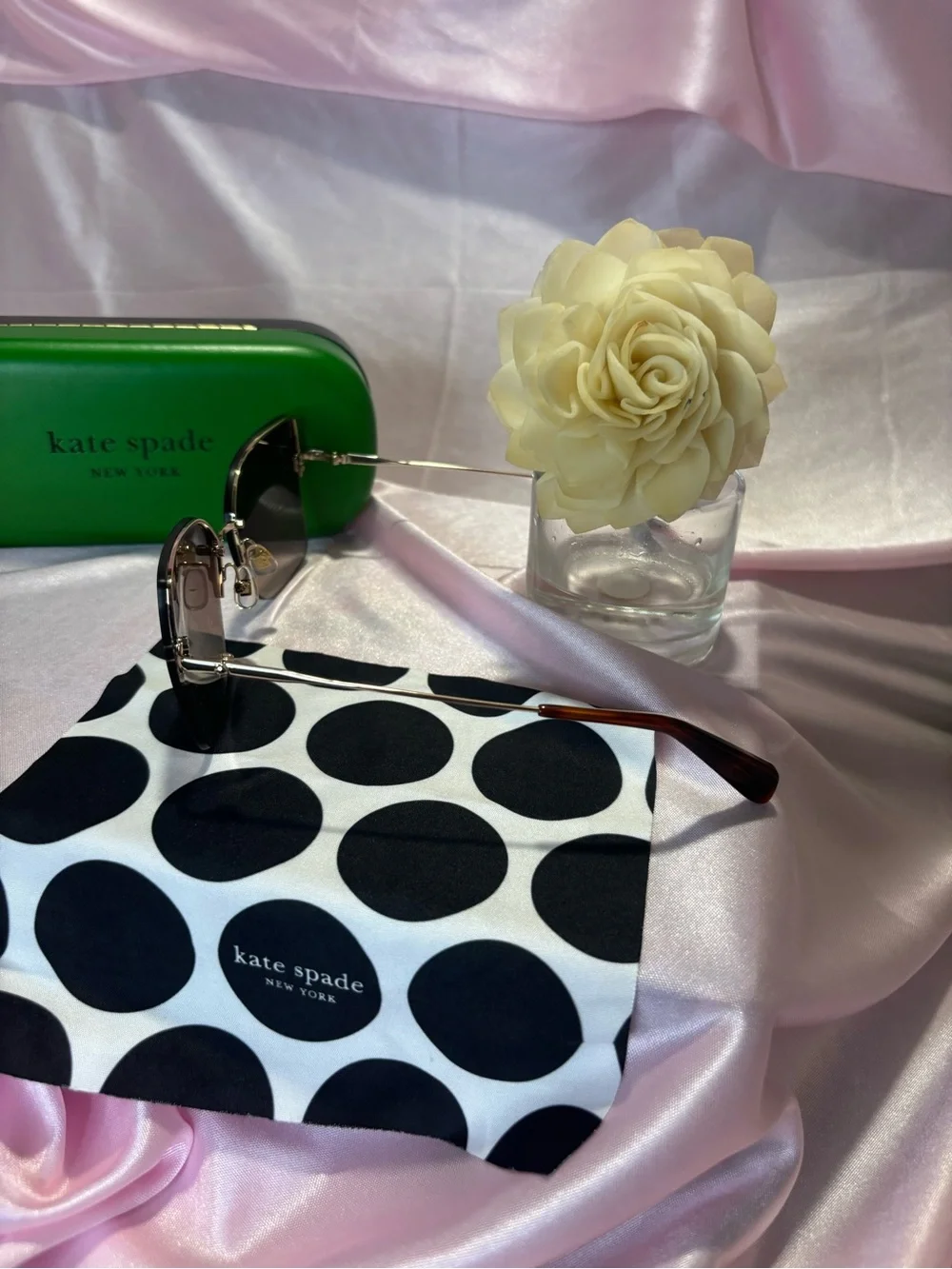 kate spade Green Sunglasses Case with Black & White Polka Dot Pouch